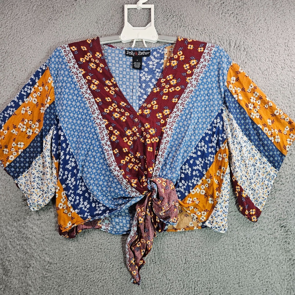 Polly & Esther Top Women Small Cropped Boho Geometric Print Multicolor - S